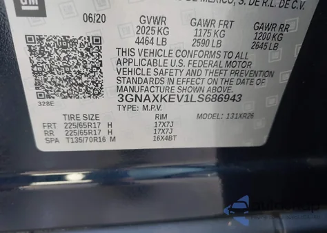 2020 Chevrolet Equinox Fwd Lt 1.5L Turbo из США, поврежденный, VIN 3GNAXKEV1LS686943